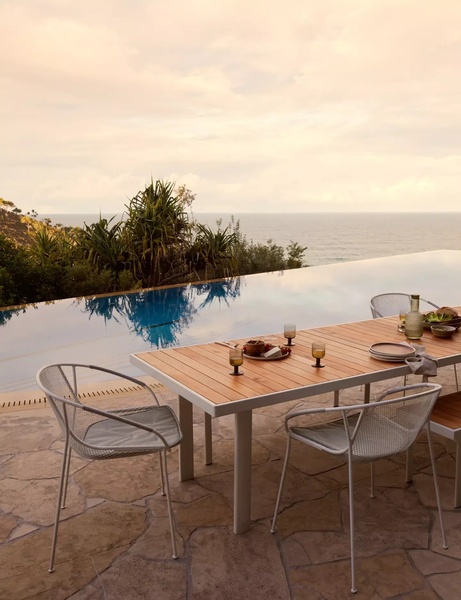 outdoor dining table, patio dining set, outdoor chairs, metal patio chairs, teak dining table, garden furniture set, lifestyle, calm, neutral
